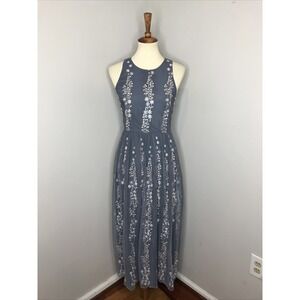 BHLDN Sleeveless Polyester Blue Floral Embroidered Bridesmaid BMaxi Dress Size 4
